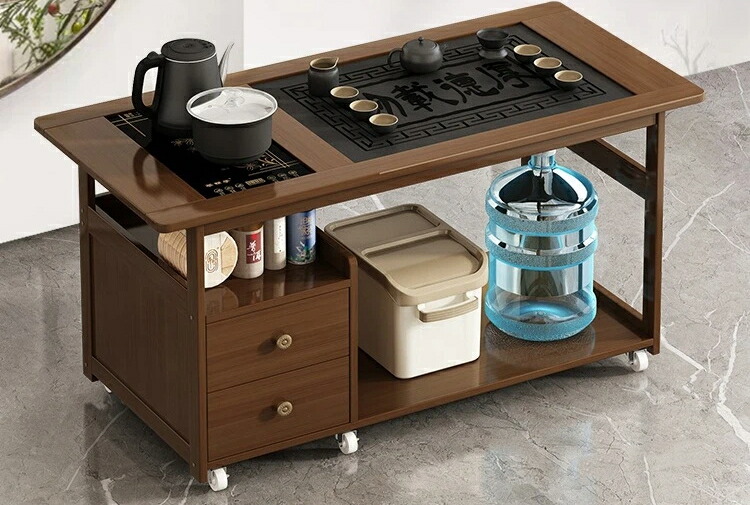 【多機能】移動式 茶卓 ティーテーブル キャスター付き 茶水棚 ポット一体型 茶道具 収納 ワゴン キッチンワゴン おしゃれ スリム 省スペース サイドテーブル [リビング ベランダ オフィス 休憩室]