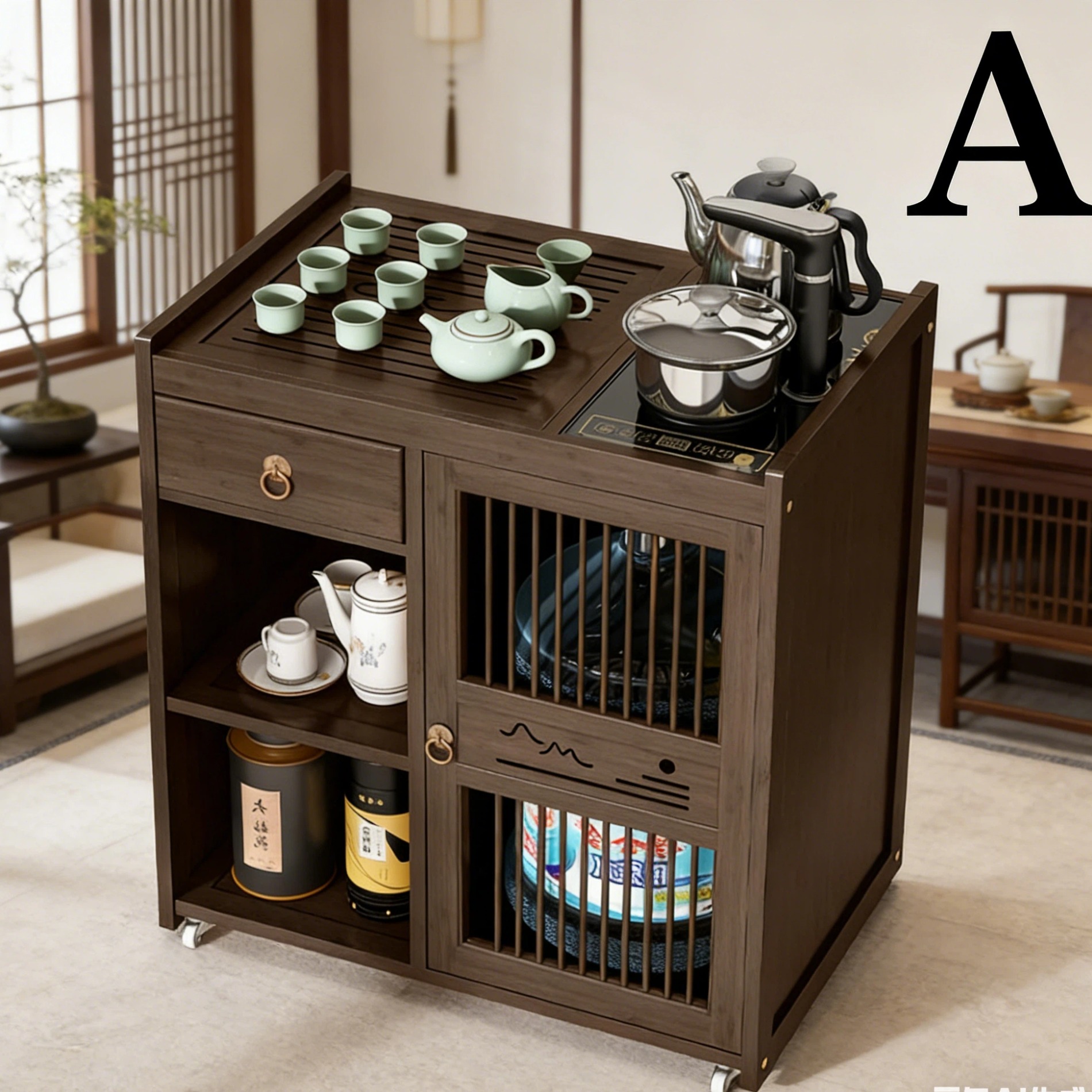 茶台 キャスター付き 茶水ワゴン スリム サイドボード 茶器収納 ティートレー ティーワゴン 湯沸かし 一体型 隠し収納 隙間収納 コンパクト モダン [リビング 寝室 オフィス 客間 応接室 新生活]｜いいものばかり