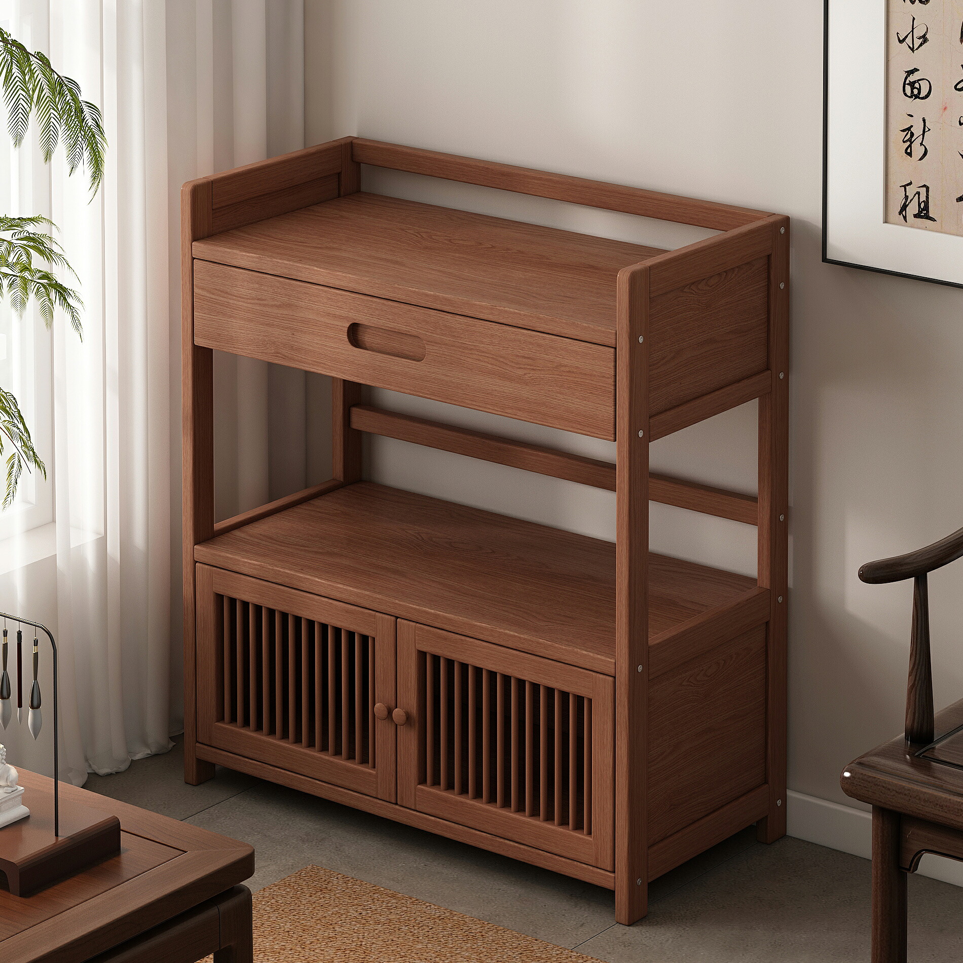 【和モダン】茶道具 収納ラック ティーテーブル サイドテーブル 3段 隙間収納 木製 飾り棚 キャスター付き [茶室 応接間 リビング インテリア ティーワゴン 収納棚]