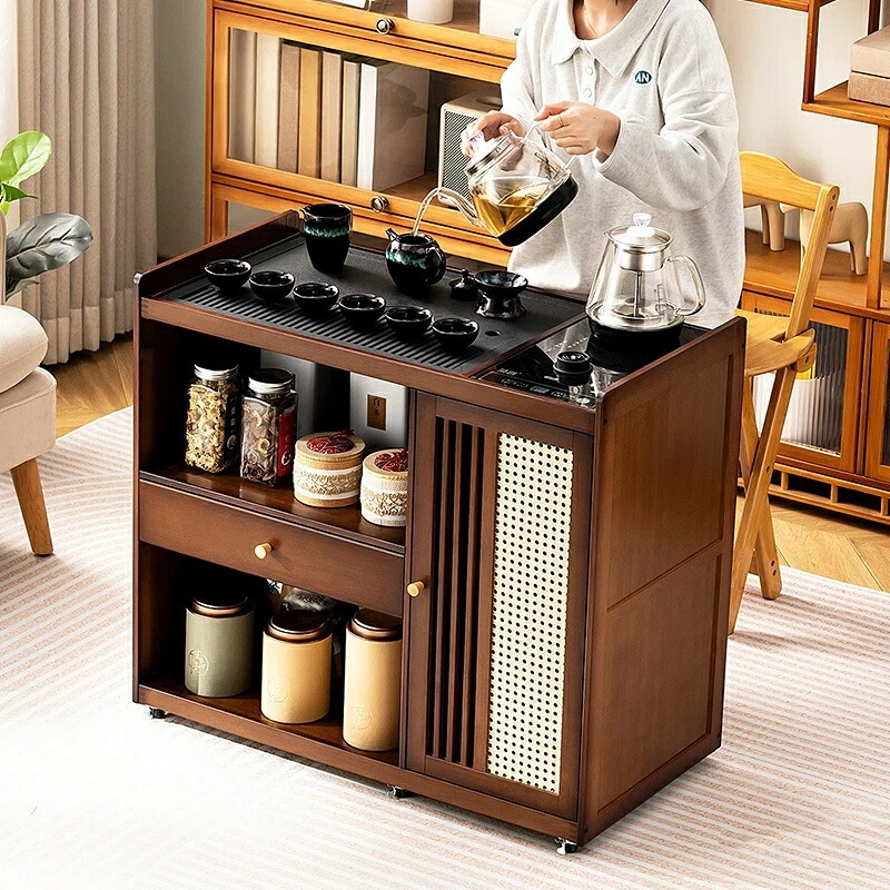 茶水・誕 キャスター付き 茶テーブル (天然木/焼水機能一体型/ブラウン) [茶道具 収納ワゴン 功夫茶 茶台 ティーワゴン サイドテーブル リビング 応接室 オフィス キッチンワゴン 隙間収納 コンパクト 移動式 キャビネット 木製 おしゃれ]｜いいものばかり