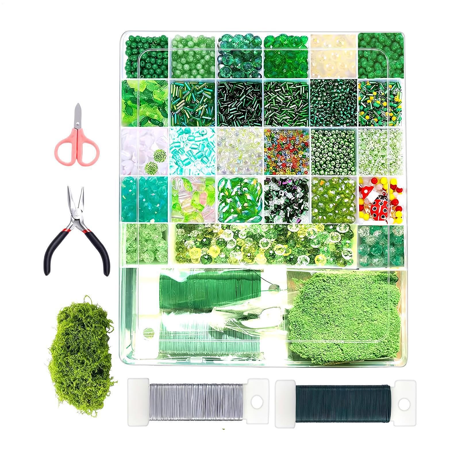 2026 新しい 5500 個 DIY ビーズ植物キット、グリーンガラスフォーエバー植物キット、籐バスケット付き、リーフビーズ、ジュエリー作成 &amp; DIY クラフト用｜いいものばかり