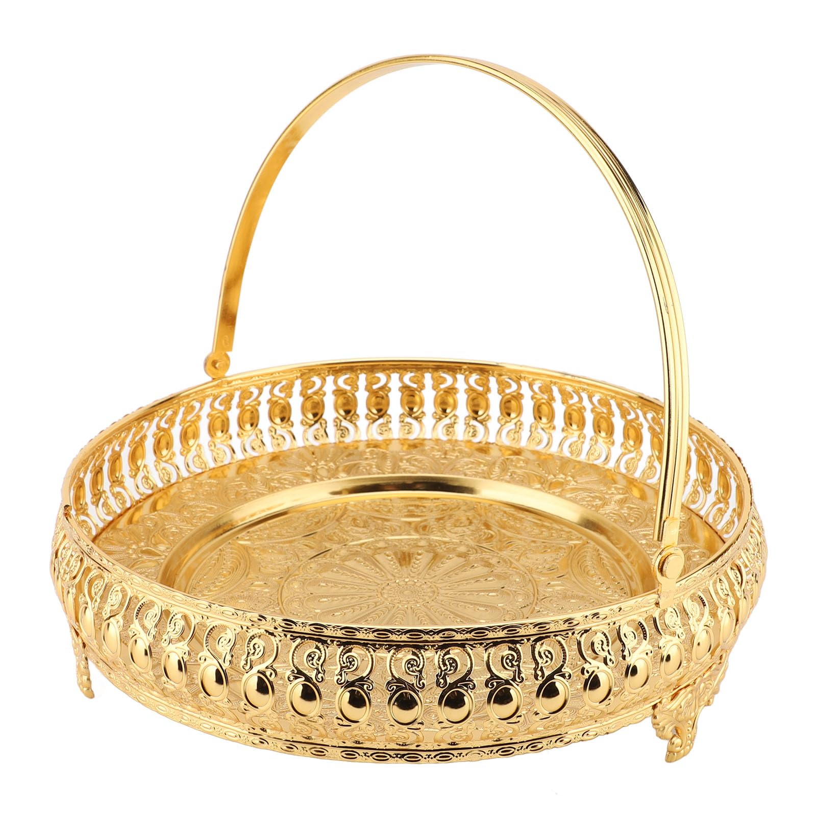 J-ouuoRetro Round Fruit Tray Exquisite Decorative Large Capacity Alloy Dessert Plate with Handle for Party Bar