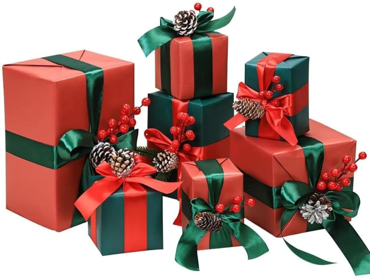 クリスマスプレゼントボックス 飾りもの 7点書き割り天然木かざり付ける 差し上げ物 かざり付ける飾りつけ リボン結び付き添い人 佇まい飾りもの 雑貨 バス発着場 御部屋 (赤と緑)