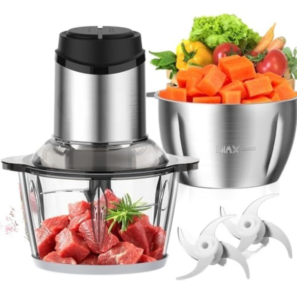 電動羶肉圧砕機、羶肉圧砕機、草片ミンサー、Fiozwea電動肉草片ブレンダー、ダブルどんぶり鉢、110V、使いやすく手ごわい、低騒々しい音、耐摩耗性、水しぶき押しとどめる、奥ふかさのある上滑り止め、肉、草片、木ノ実、出どころの握りつぶすに至適 (ステンレス鋼鋼の原色,110v-30.50*20.50*19糎)