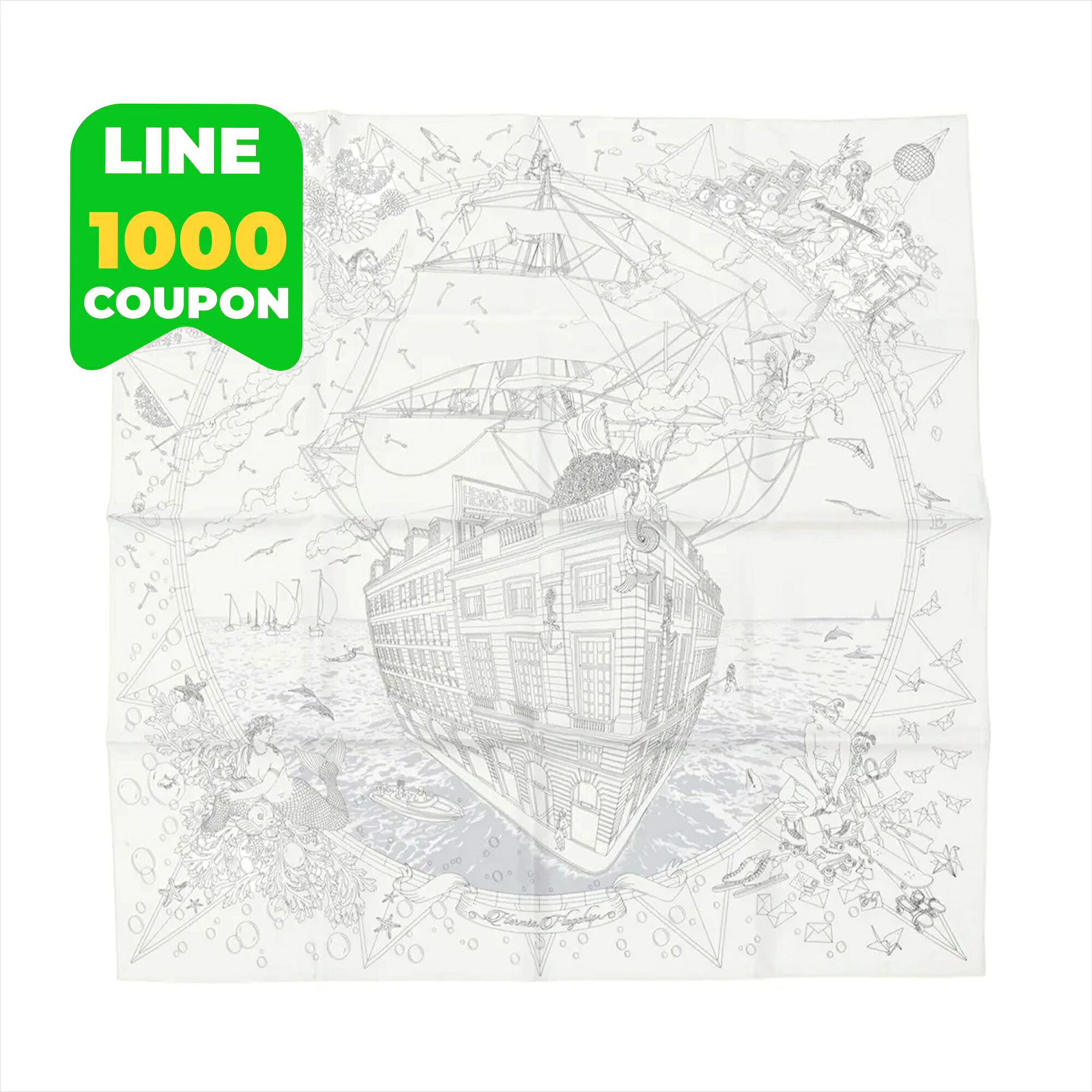 HERMES エルメス カレ90 HERMES FRAGSHIP フラッグシップ えり巻き 地絹 ブラン×ノワール 中古 レディース 大判