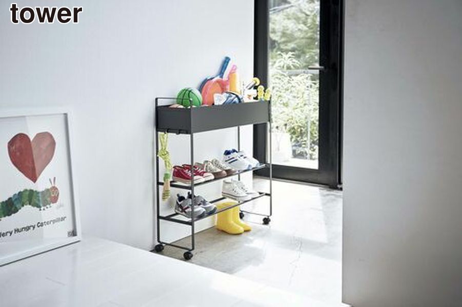 山崎実業 tower キャスター付き 玄関収納ラック タワー ブラック 黒 便利