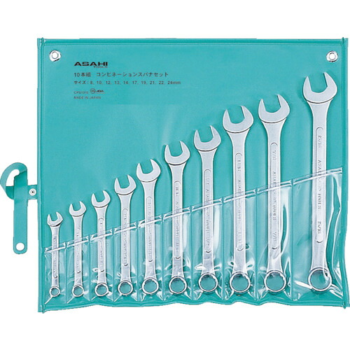 ＡＳＨ　コンビネーションスパナ１０本組セットＪＩＳ８&minus;２４ｍｍ（パネルタイプ）【CPS1010】 販売単位：1S(入り数：-)JAN[4992676005037](ＡＳＨ スパナ) 旭金属工業（株）【05P03Dec16】｜マルニシオンライン　店