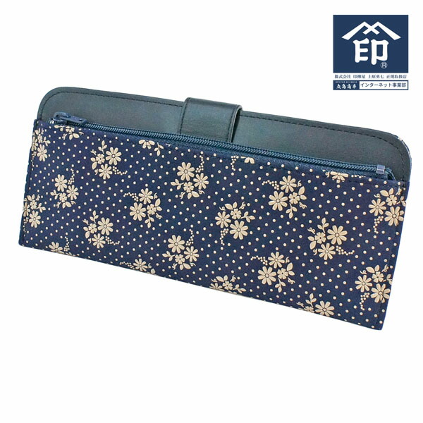 印伝 【甲州印伝 印傳屋 上原勇七】財布 長財布 長サイフ 薄型財布【2107 コスモス 紺地×白漆】 女性用 レディース 鹿革 本革 レザー 薄い スリム シンプル 花柄 ブランド 春ギフト 母の日 贈り物 【YM01】