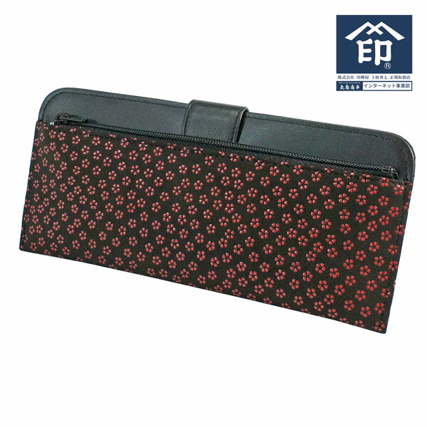 印伝 【甲州印伝 印傳屋 上原勇七】財布 長財布 長サイフ 薄型財布【2107 小桜 黒地&times;赤漆】 女性用 レディース 鹿革 本革 レザー 薄い スリム シンプル 和柄 ブランド 夏ギフト 福財布 贈り物 【YM01】｜丸島商事　インターネット事業部