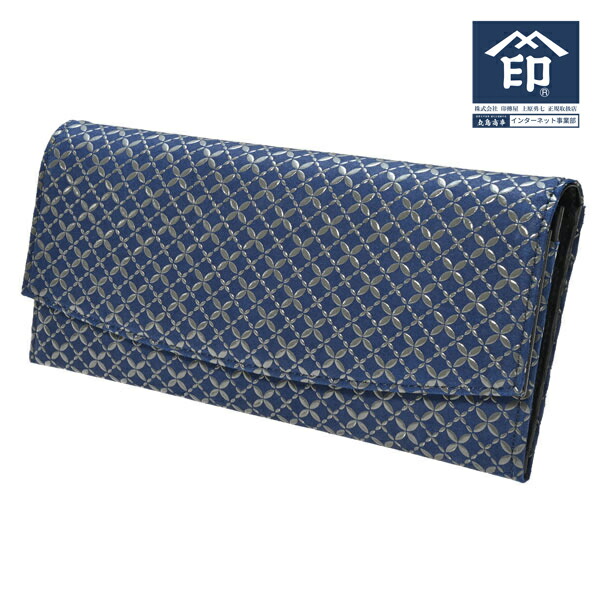 印伝 【甲州印伝 印傳屋 上原勇七】財布 長財布 長サイフ 束入れ 2321 七宝繋ぎ 紺地×グレー漆 女性用 レディース 鹿革 本革 レザー ブランド 春ギフト 母の日 贈り物 【YM02】