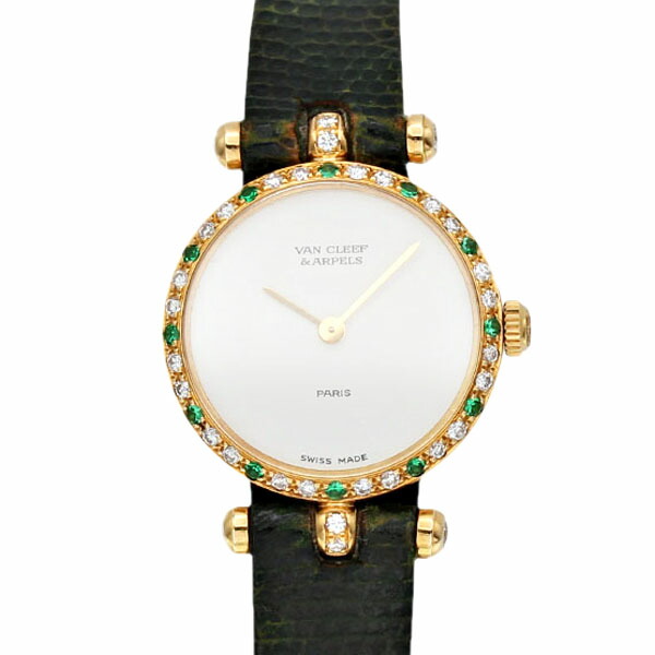 ヴァンクリーフ＆アーペル Van Cleef \u0026 Arpels 18901B1 K18YG 石英 21粍 レディースウオッチ 中古 白いこと文字記号盤 金剛石 エメラルド 純然たるベゼル 18金 ゴールド 750 ドレスウォッチ ラウンド人間の顔 フォーマル デイリー 流行り物 差し上げ物