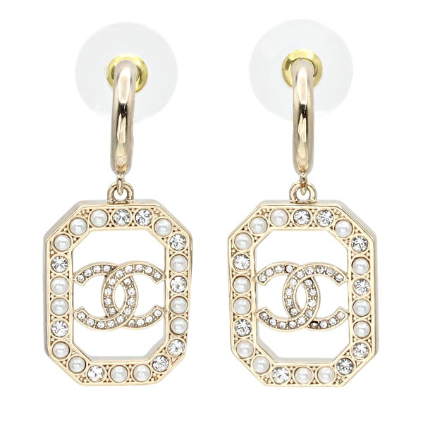 シャネル CHANEL ココマーク ラインストーン フェイクパール ピアス GP メタル レディース シャンパンゴールド 中古 正規品 両耳 アクセサリー ジュエリー 耳飾り ブランド 人気 ギフト プレゼント フォーマル カジュアル