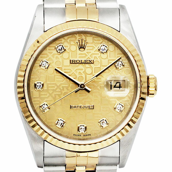 ロレックス ROLEX デイトジャスト 16233G シャンパン彫りコンピューター文字盤 W番(1994年頃製) 自動巻き メンズ 腕時計 中古 正規品 10Pダイヤ SS YG コンビ ゴールド ステンレス 36mm 誕生日 プレゼント ブランド