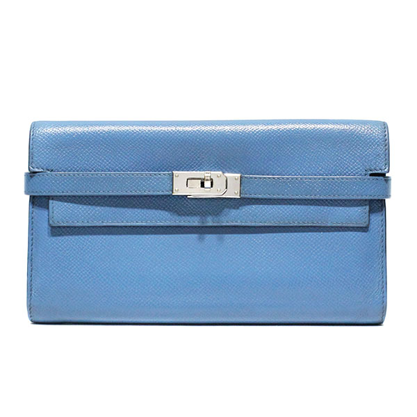 エルメス HERMES ケリーウォレット ロング 長財布 ブルー系 C刻印 2018年製 ケリーポルテヴァリュル ヴォーエプソン 革 ブランド 女性 レディース ユニセックス ターンロック シルバー金具 おしゃれ コンパクト シンプル 誕生日 ギフト プレゼント｜質・丸滝
