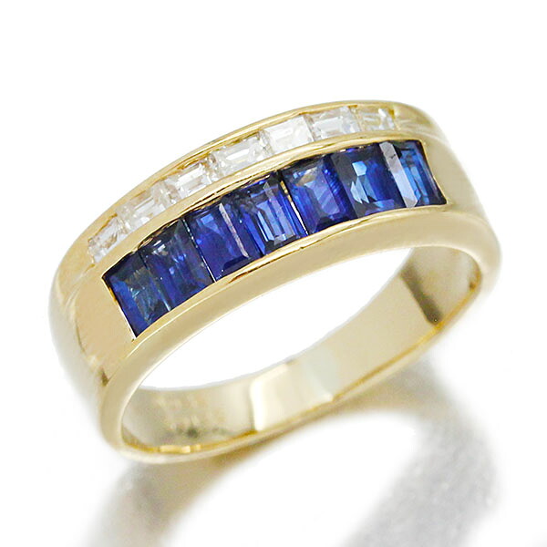 K18YG サファイア ダイヤモンド リング S1.28ct D0.38ct 12.5号 5.1g レディース 中古 18金 ゴールド 750 指輪 ジュエリー アクセサリー バケットカット 宝石 普段使い ギフト プレゼント 誕生日 記念日 贈り物｜質・丸滝