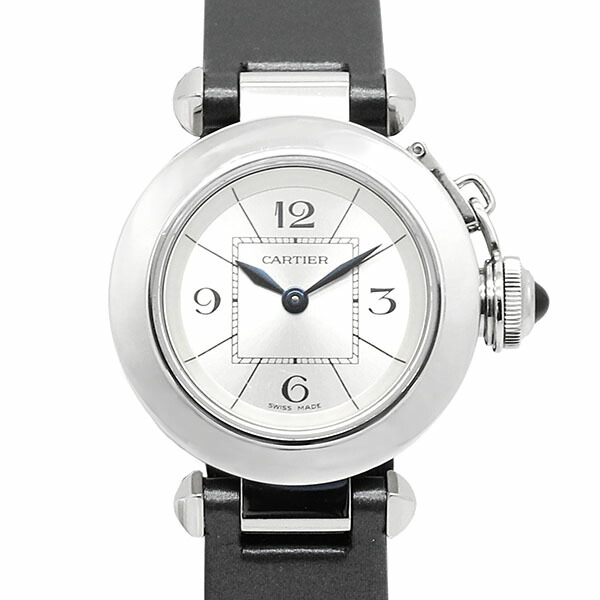 カルティエ Cartier ミスパシャ W3140025 27粍 しろがね色文字記号盤 SS 繻子なめし革 レディースウオッチ 石英 中古 ステンレス鋼スチール写真 ドレスウォッチ ラウンド人間の顔 フォーマル デイリー 流行り物 差し上げ物