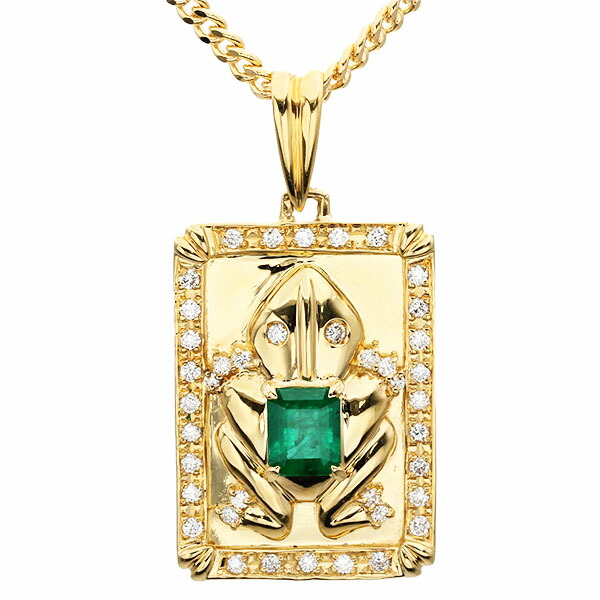 K18YG カエルモチーフ エメラルド ダイヤモンド ネックレス 52.5cm E1.20ct D0.73ct イエローゴールド750 29.4g フロッグ 蛙 宝石 ジュエリー アクセサリー 女性 レディース ユニセックス おしゃれ ファッション 誕生石 5月 誕生日 バースデー プレゼント
