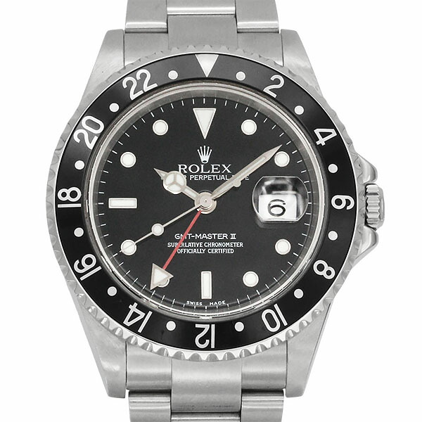 ロレックス ROLEX GMTマスターII 16710 SS 自動巻き 40mm メンズ 中古 正規品 ブラック文字盤 腕時計 GMT機能 回転ベゼル ステンレス スポーツウォッチ 日付表示 カレンダー 防水 高級時計 男性用 人気 定番 モデル