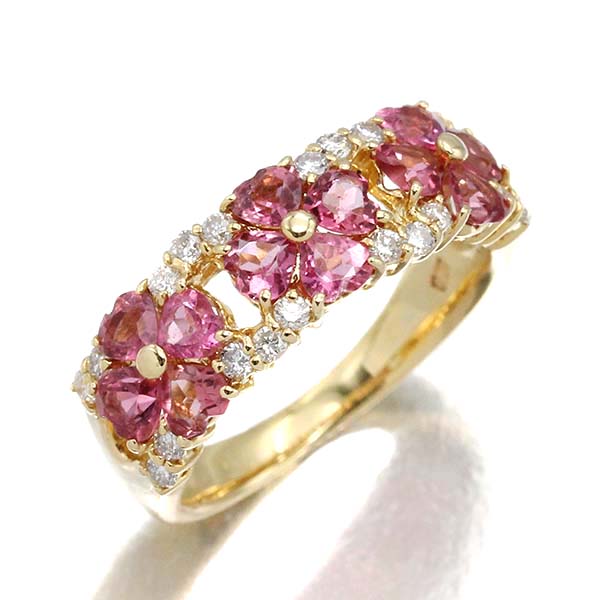 K18YG フラワーモチーフ ピンクトルマリン ダイヤモンド リング 7号 T0.80ct D0.28ct イエローゴールド750 宝石 ジュエリー 高級 指輪 アクセサリー レディース 女性 誕生石 10月 誕生日 プレゼント かわいい｜質・丸滝