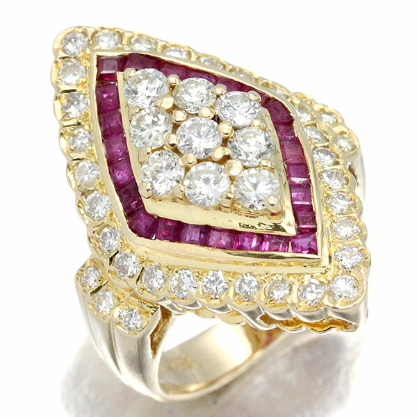 K18YG ひし形モチーフ ルビー ダイヤモンド リング 12号 R1.10ct D1.52ct イエローゴールド750 宝石 ジュエリー 指輪 女性 レディース 豪華 上品 アクセサリー 誕生石 4月 7月 誕生日 バースデー 贈り物 プレゼント｜質・丸滝