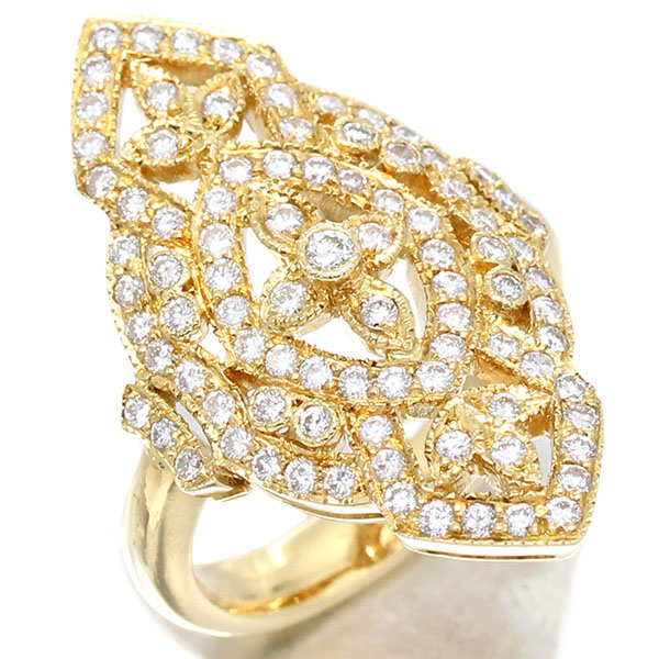 K18YG ダイヤモンド リング 12号 D0.95ct イエローゴールド750 宝石 指輪 ジュエリー フラワー 葉っぱ リーフ 花デザイン 豪華 高級 アクセサリー 女性 レディース 誕生日 バースデー プレゼント 誕生石 4月 贈り物｜質・丸滝