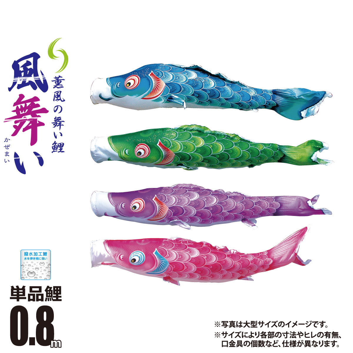 【楽天市場】鯉のぼり 単品 風舞い 0.8m 口金具付き カラー 青鯉|緑鯉|紫鯉|ピンク鯉 ポリエステル製 撥水加工 はっ水加工 日本製