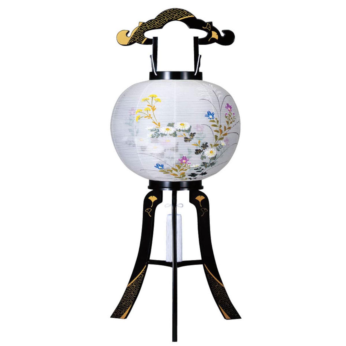 盆提灯 初盆 11号 花印 綾型蒔絵 絹二重 絵入 玉雲堂 八女提灯 盆ちょうちん 新盆 供養 おしゃれ 置き提灯 置き型 置き提灯 行灯 大内行灯 行燈｜人形の丸富