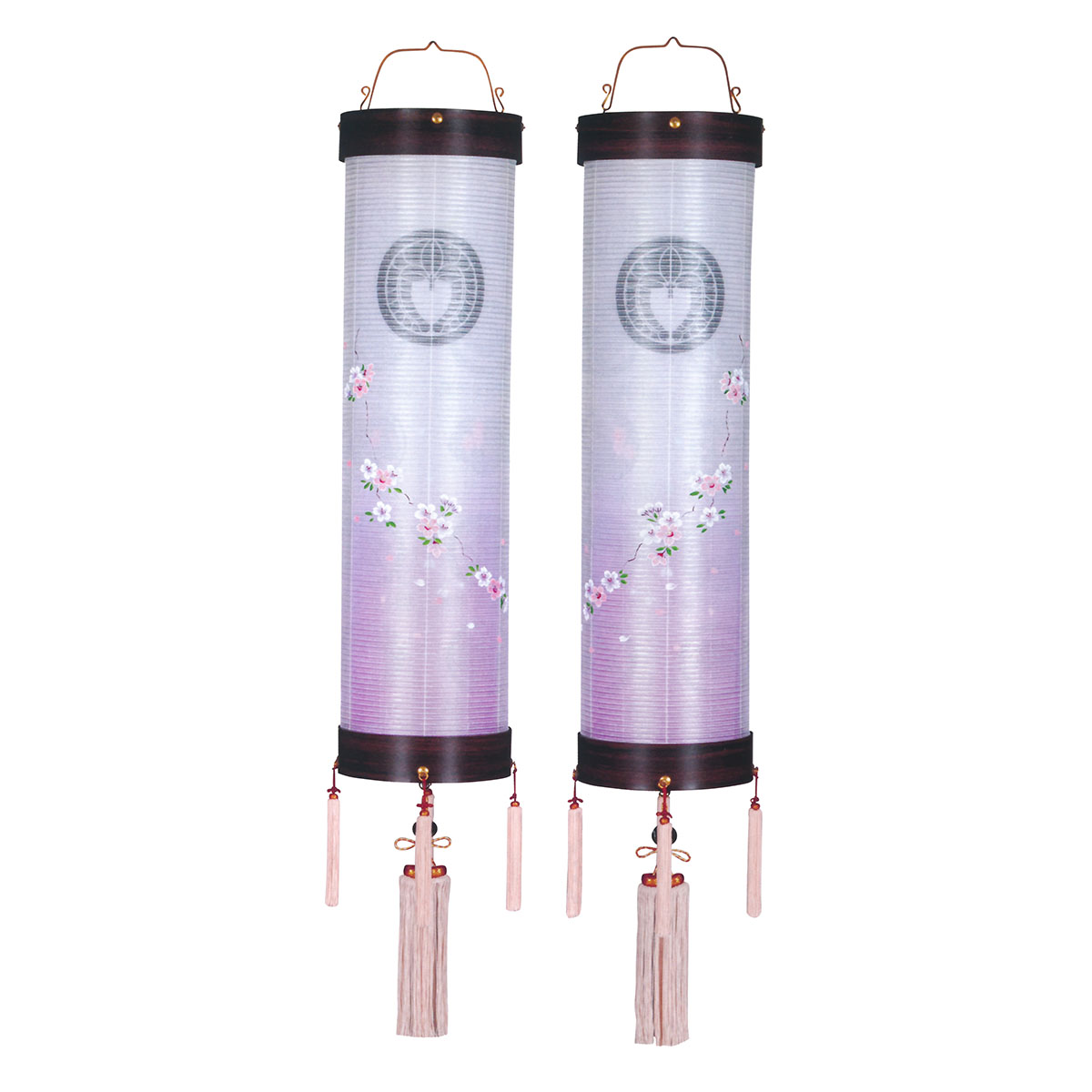盆提灯 初盆 家紋 7号 8号 9号 住吉 桜調 絹二重 枝垂れ桜 対柄 （一対入り） 八女提灯 盆ちょうちん 新盆 供養 おしゃれ 住吉 ミニサイズ コンパクト 筒型 円筒 吊り型 吊り下げ 吊り提灯｜人形の丸富
