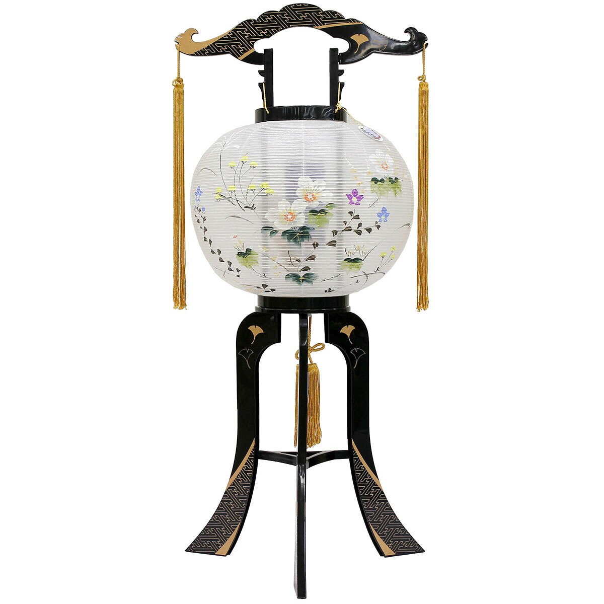 盆提灯 初盆 11号 あかり 綾型蒔絵 絹 絵入 玉雲堂 八女提灯 盆ちょうちん 新盆 供養 おしゃれ 回転灯 回転 回転灯 筒 回転 廻転 回転筒付|人形の丸富