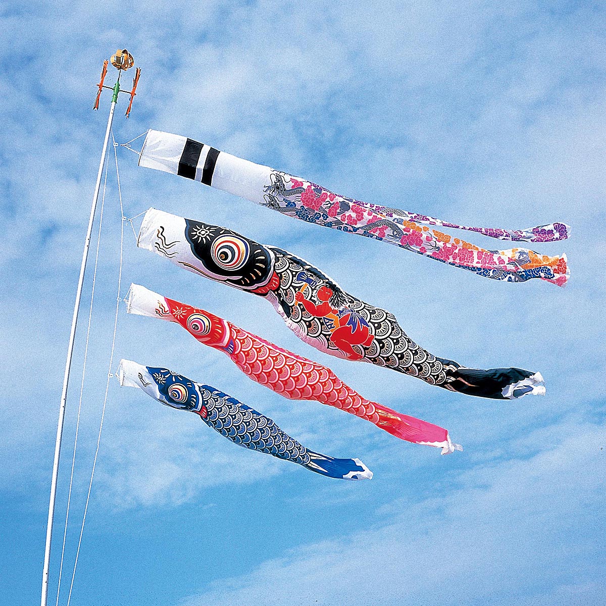 鯉のぼり 庭用 スパークル金太郎鯉 3m 6点 マイホーム庭園用セット 吹流し+鯉3匹+矢車+ロープ+杭打ち込み方式ポールセットダイヤ鯉 カタログ 純正品 ナイロン 家紋/名前入れ対応 KOD-MY-734306｜人形の丸富