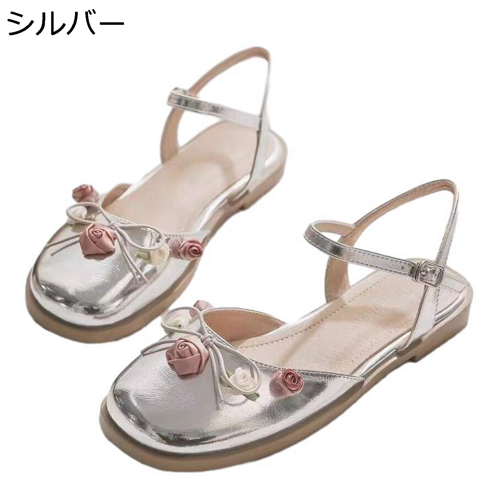 サンダル フラット レディース 花飾り メタリック リポン ローズ クローズドトゥ スリングパンプス 夏 スリングバック 防水性 滑り止め 可愛い ドレスシューズ 履きやすい デート 普段 通勤
