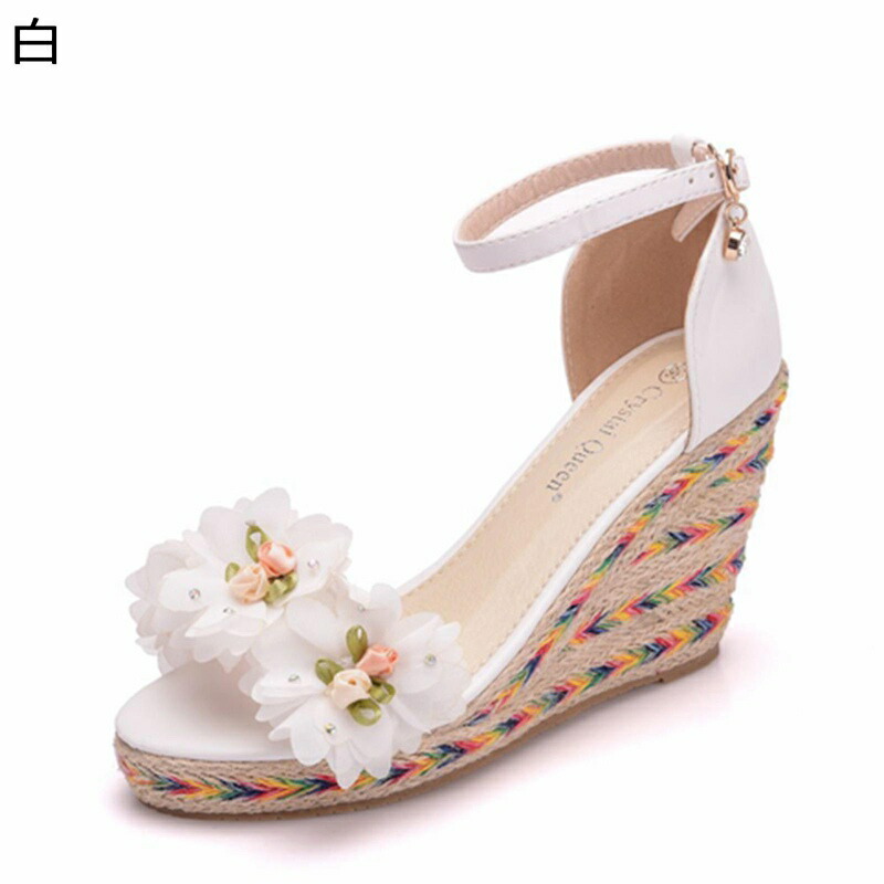 ウェッジサンダル ストライプサンダル レディース 花柄飾り 厚底サンダル 9cmヒール 身長アップ セパレートサ ワンストライプ フェミニン 滑り止め 疲れにくい 春夏 トレンド デート お祝い