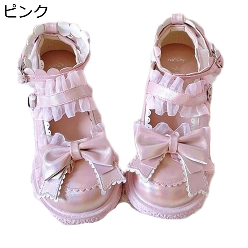 ロリータ靴 蝶結び フリル レース リボン レディース フラットシューズ 甲ストラップ ラウンドトゥ パンプス 森ガール 姫系 甲浅デザイン 宴会 結婚式 お茶会 lolita きれいめ 春夏秋冬
