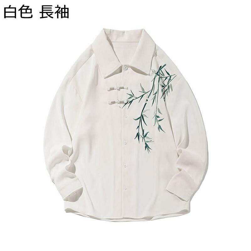 M~8XL メンズ 瀬戸もの風 刺しゅう 白プルオーバー 竹 Yシャツ 開襟プルオーバー 折り襟プルオーバー 瀬戸もの名取り草 濫りがわしい 気が大きい大きさ 心地よい 手当たり好いたらしい カッコイイ 日常着付ける 通い 中華風 トップス