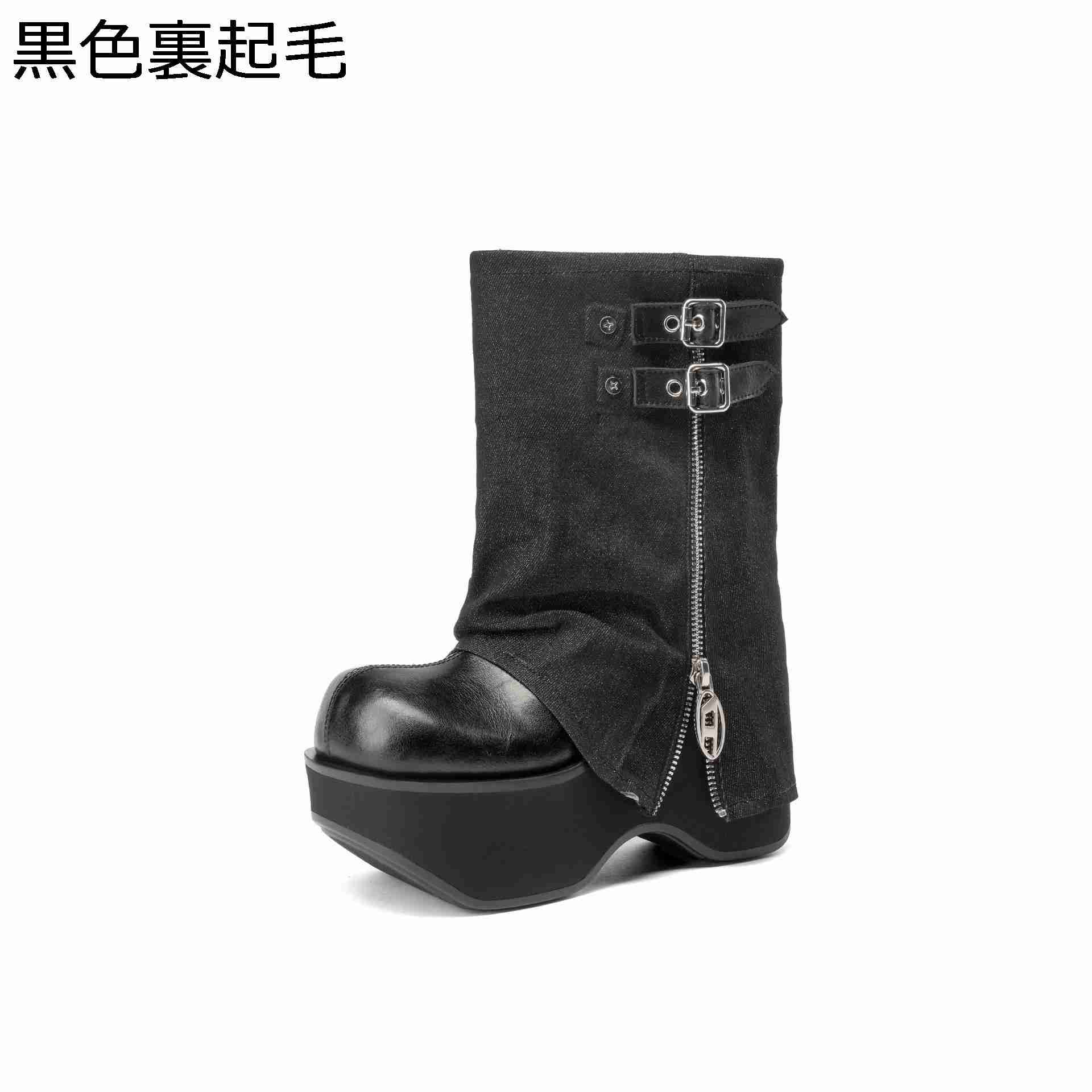 ジョッキーブーツ 12cm厚底 ショートブーツ レディース ゆったり パンツデニムブーツ 秋冬 足細く見え 安定感 ダブルベルト 防水防滑 歩きやすい 脱げない ファッション 短靴 大きめ カジュアル 旅行