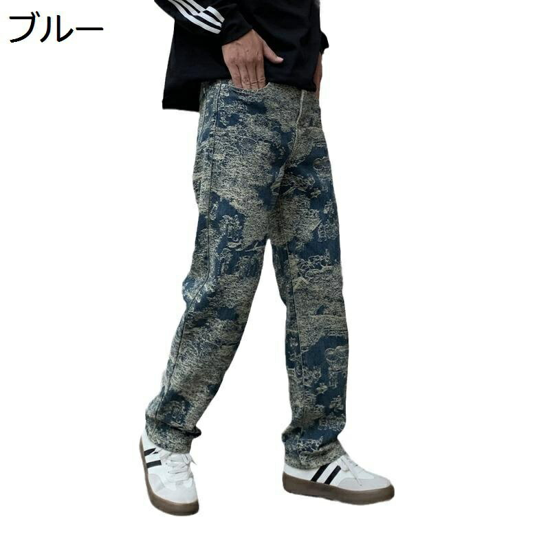 ジーンズ メンズ プリント デニムパンツ ストレート カジュアル デザイン性 オシャレ 耐摩耗性 おしゃれ トレンド感 街着 リラックス ゆったり 大きいサイズ Ｇパン ストリートモード B系 原宿系