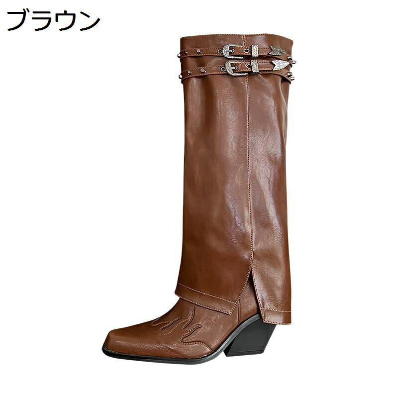 ウエスタンブーツ バックル レディース ヴィンテージ ポインテッドトゥ チャンキーヒール ロングブーツ 膝丈 美脚 流行り物系 今めかしい 太踵 高筒ブーツ ナイト爵ブーツ 心地よい ゆったり ガーリー