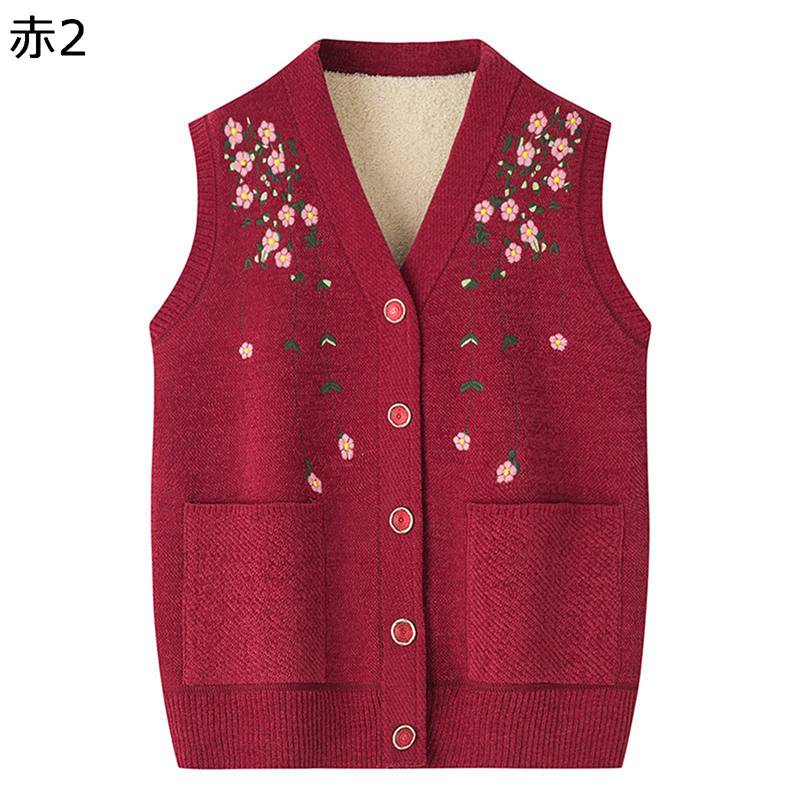 ニットベスト レディース ベスト 花柄 花 刺繍 チョッキ 秋 冬 裏ボア もこもこ 無袖 暖か 蓄熱保温 アウター 女性 カジュアル おしゃれ トレンド お年寄り 婦人服 潮流 お出かけ 日常 普段用