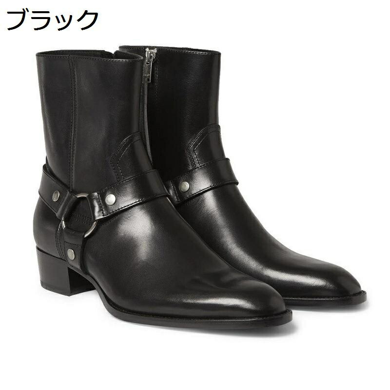 チェルシーブーツ メンズ 本革 サイドジップ 秋冬春 バックル付き ハイヒール 6cm ショートブーツ モード系 短靴 暖かい 防寒 滑り止め 耐久性 仕事 オフィス 通勤 通学 ポインテッドトゥ 大きいサイズ