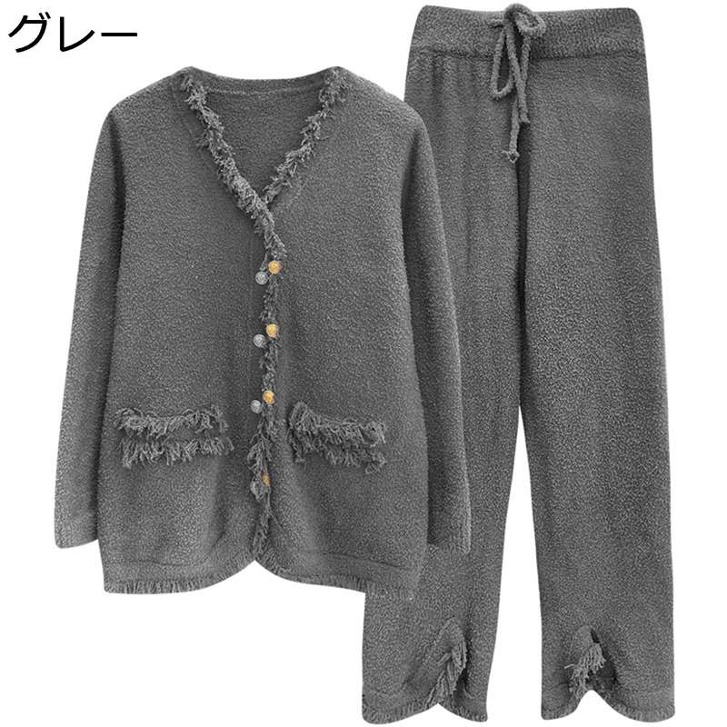 モコモコパジャマ レディース 寝巻き お部屋お召しもの セットアップ 長袖ジレー 長ズボン 綿ネル 衣嚢付き添い人 フリンジ vのど首 秋冬針路 ふわふわ 生あたたかい 伸び伸びする 日常 お出掛け 助けになる服