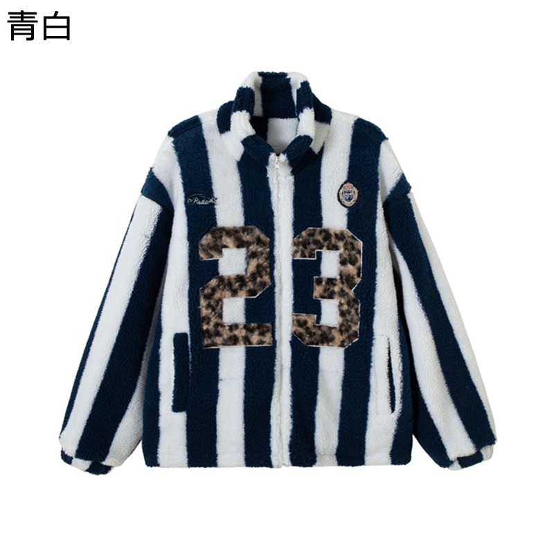 ジップアップブルゾンフリースボア メンズ メンズ ストライプ 縞柄 男女通用 コート 冬服 秋着 厚手 スタジアムジャンパー スタジャン 裏起毛 モコモコ ゆったり 着やせ