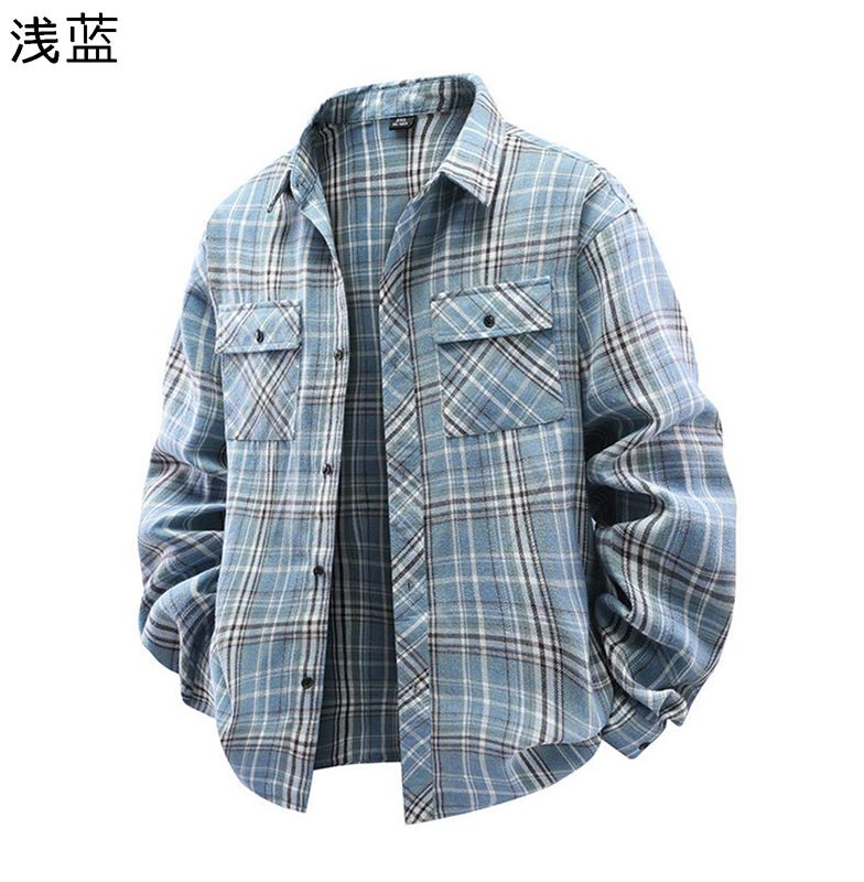 メンズ チェック柄 ジャケットシャツ 開襟シャツ ブルー ネイビー ワーク 作業服 カジュアルシャツ 長袖 春秋着 コート おしゃれ カジュアル ゆったり ファッション 流行り 快適 軽い 通気性 通勤通学