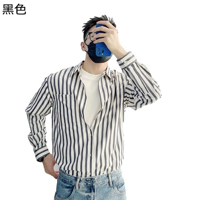 メンズシャツ 開襟シャツ 長袖 春着 秋服 ストライプ 縞柄 ブラック イエロー グリーン 重ね着シャツ トレンド ファッション 韓国風 薄い 着痩せ 羽織り 快適 柔らかい 汗染み防止 コート 会社 学生 日常