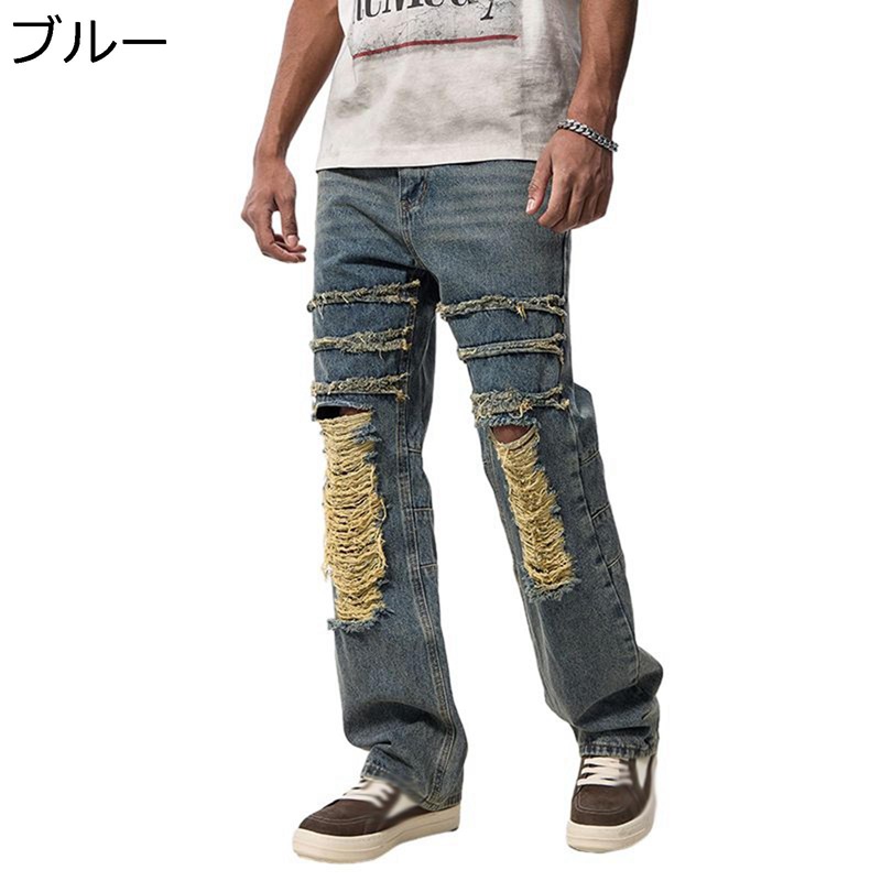 ダメージジーンズ デニムパンツ メンズボトムズ Gパン ジーパン 大きいサイズ ワイドパンツ b系パンツ ストレート ファッション ヒップホップ V系 春夏 秋着 ストリート 長ズボン ダンス 着回し力ピカイチ