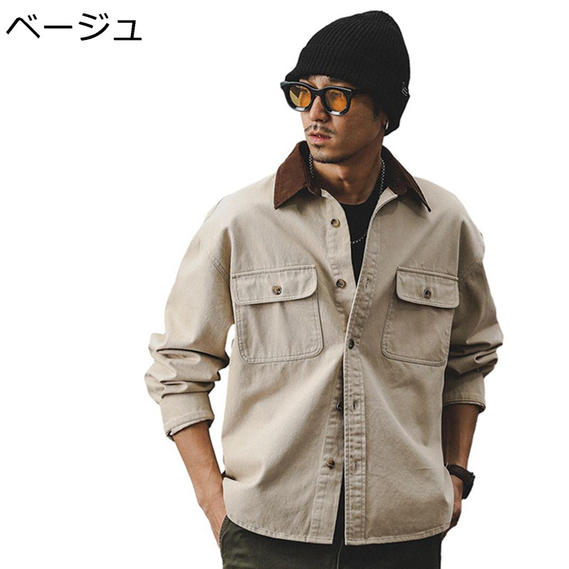 アメカジ 綿 ミリタリーシャツ メンズ ワークシャツ 長袖 M-4XL 開襟シャツ アウター カジュアル ヴィンテージ パッチワーク襟 おしゃれ 大きいサイズ 厚手 耐久性 防皺 体型カバー レトロ