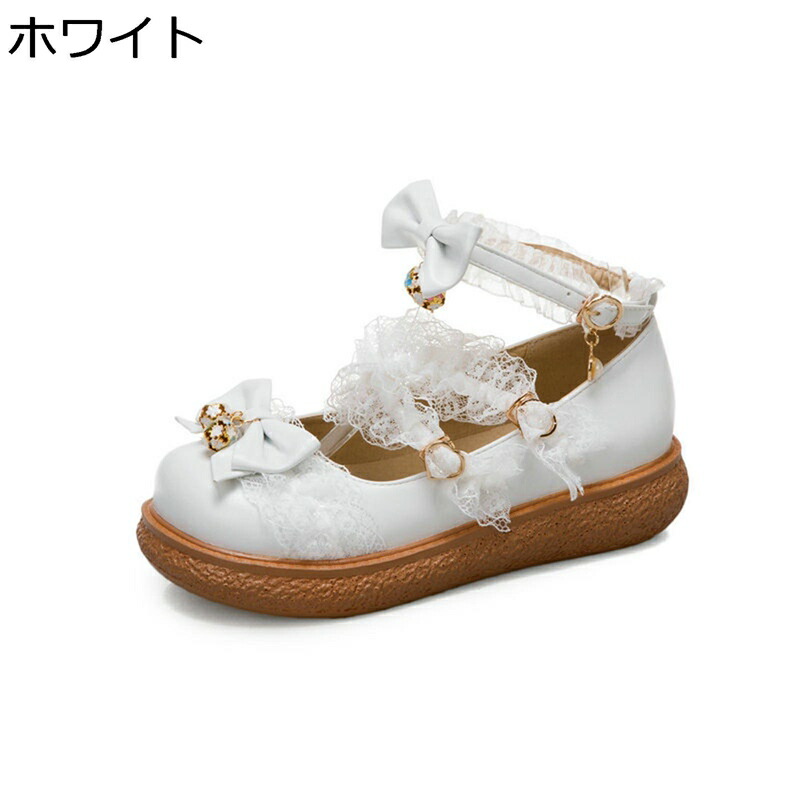 ロリータパンプス 19.5-26.5cm レース アンクルストラップ レディース ロリータシューズ お嬢様 お姫様風 女の子 大きいサイズ 可愛い フラット おでこ靴 メイド靴 リボン付き 姫系 甘ロリ プリンセス 二次会