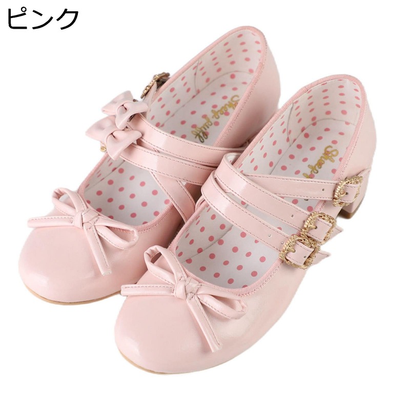 ロリータパンプス ストラップパンプス レディース ロリータシューズ トリプルリポン お嬢様 お姫様風 リボン取り外しオッケー かわいい おでこシューズ メイド靴 お嬢様 甘い プリンセススタイル