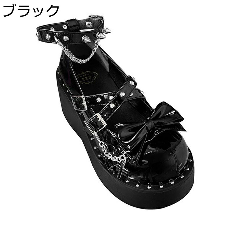 地雷系 パンプス 可愛い 7CM レディース ロリータシューズ メイド 女の子 厚底靴 蝶結び リボン付 クロスストラップ シューズ ロリ姫靴 ロリータ靴 ガールズ サブカル ギャル系 パンク 革靴 ロリィタ 通勤