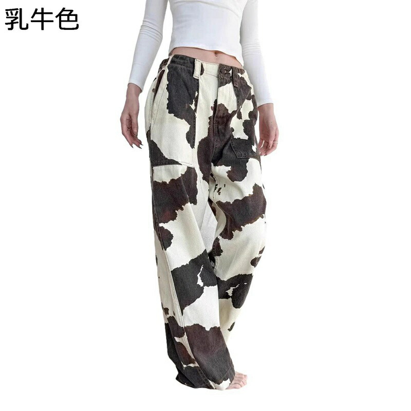 デニムパンツ バギーパンツ 牛柄 メンズ レディース ジーパン ワイド ルーズ ビッグシルエット ゆったり ジーンズ ヴィンテージ ウォッシュ加工 極太 マルチポケット ストリートモード