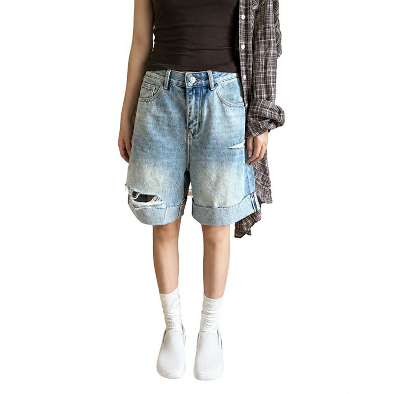 デニムショートパンツ レディース ハーフパンツ ダメージ ジーンズ ワイド 短パン ロールアップ ハイウエスト 体型カバー ゆったり ボトムス 夏 カジュアル ストリート アメカジ 通学 アウトドア｜マルヤ物流サービス